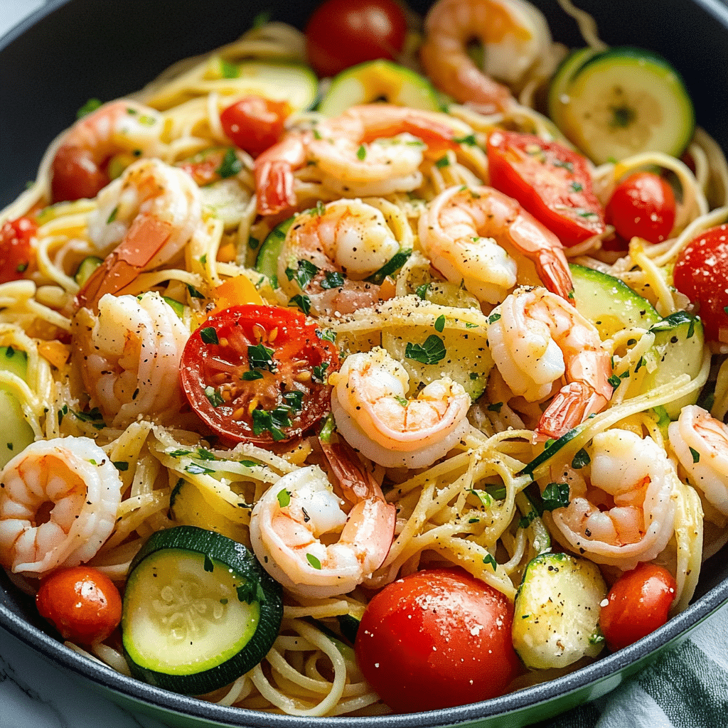 Fresh Tomato Zucchini Shrimp Pasta Recipe