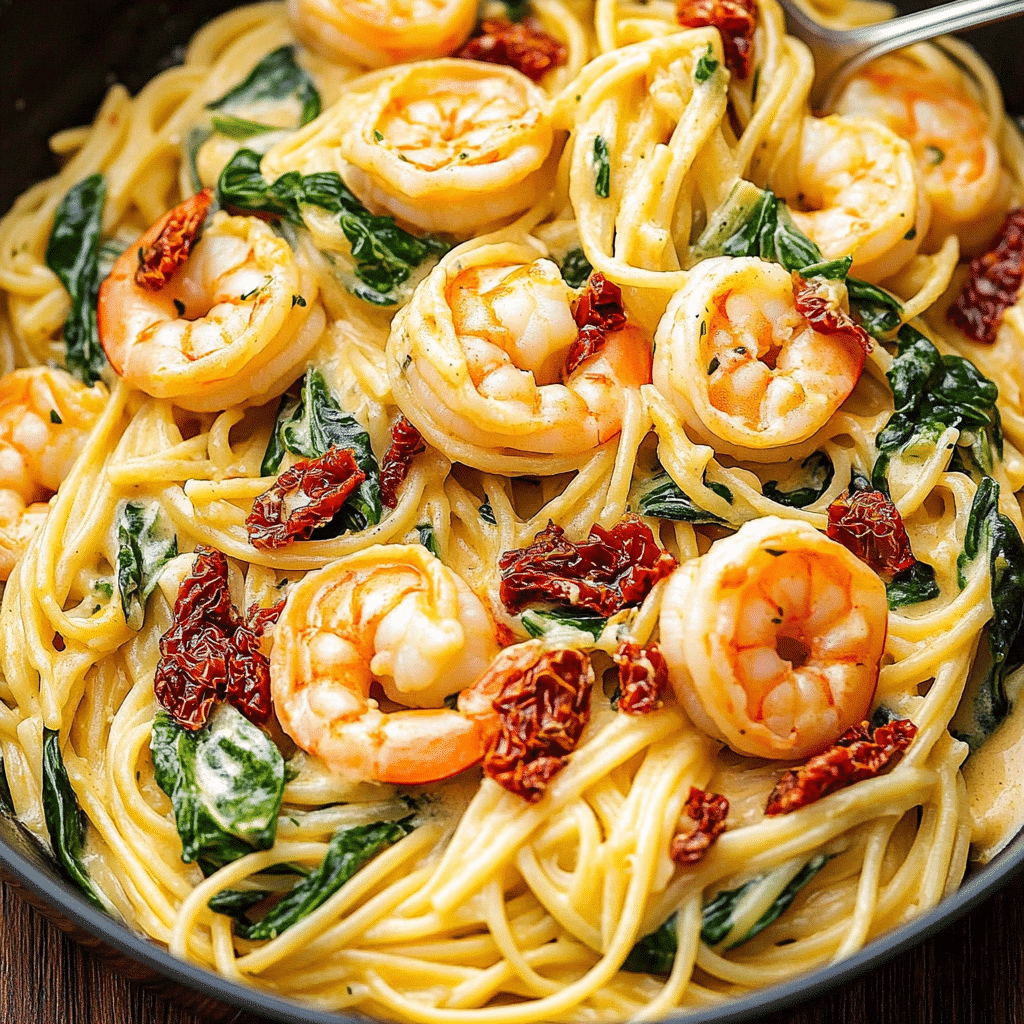 Creamy Sun-Dried Tomato Shrimp with Spinach Pasta