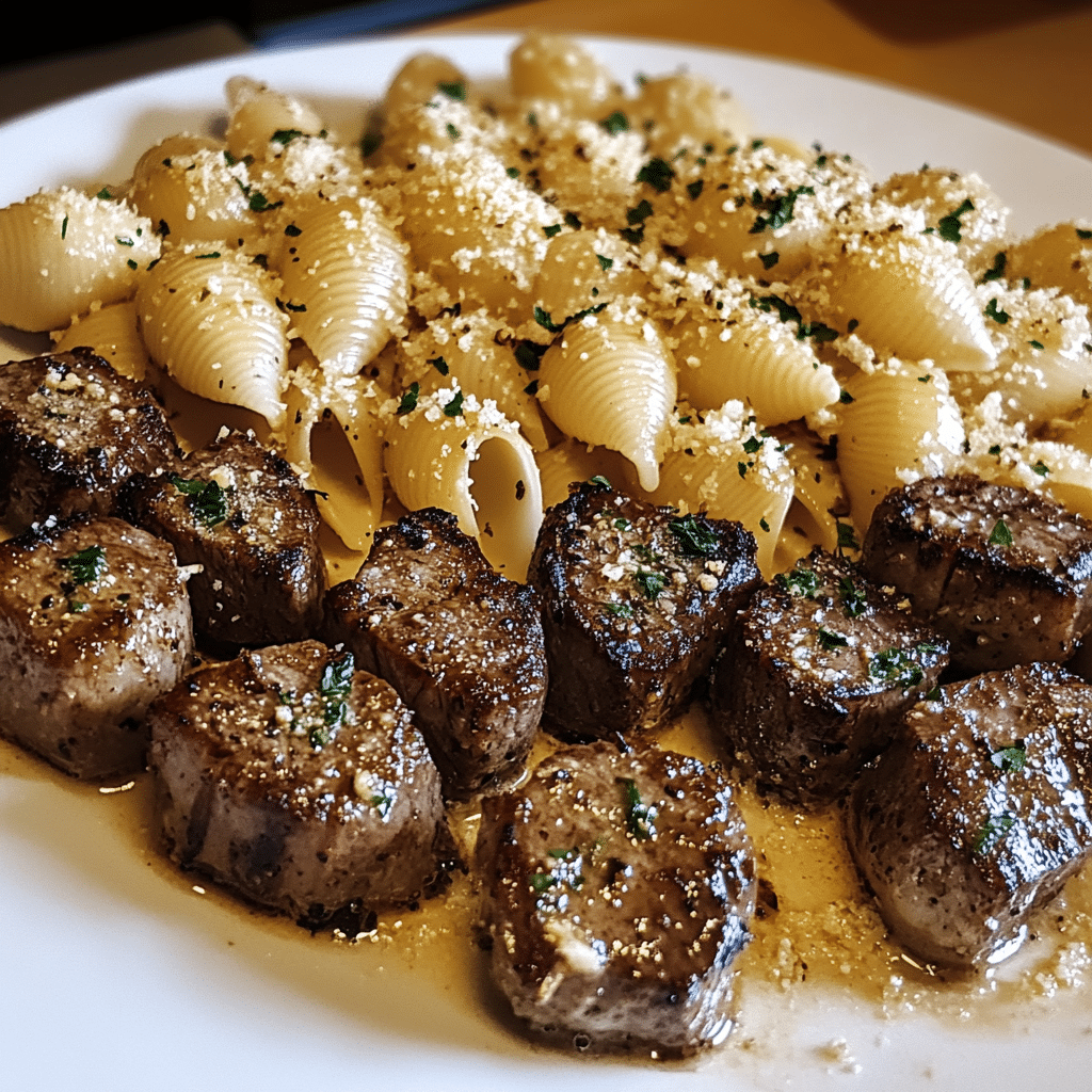 Garlic Butter Steak Bites & Creamy Parmesan Shells