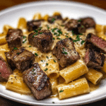 Garlic Butter Steak Tips with Cheesy Rigatoni