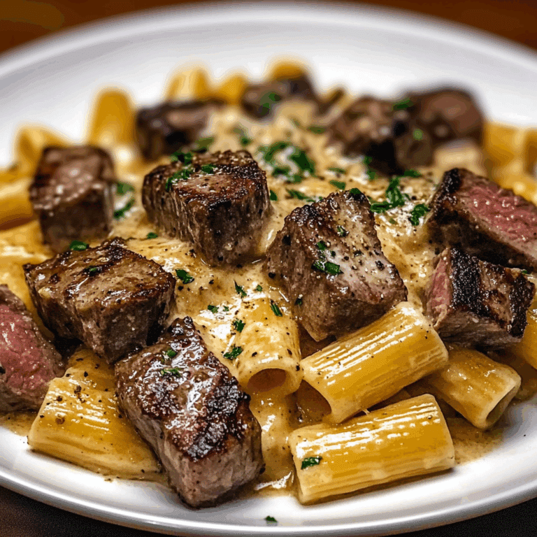 Garlic Butter Steak Tips with Cheesy Rigatoni