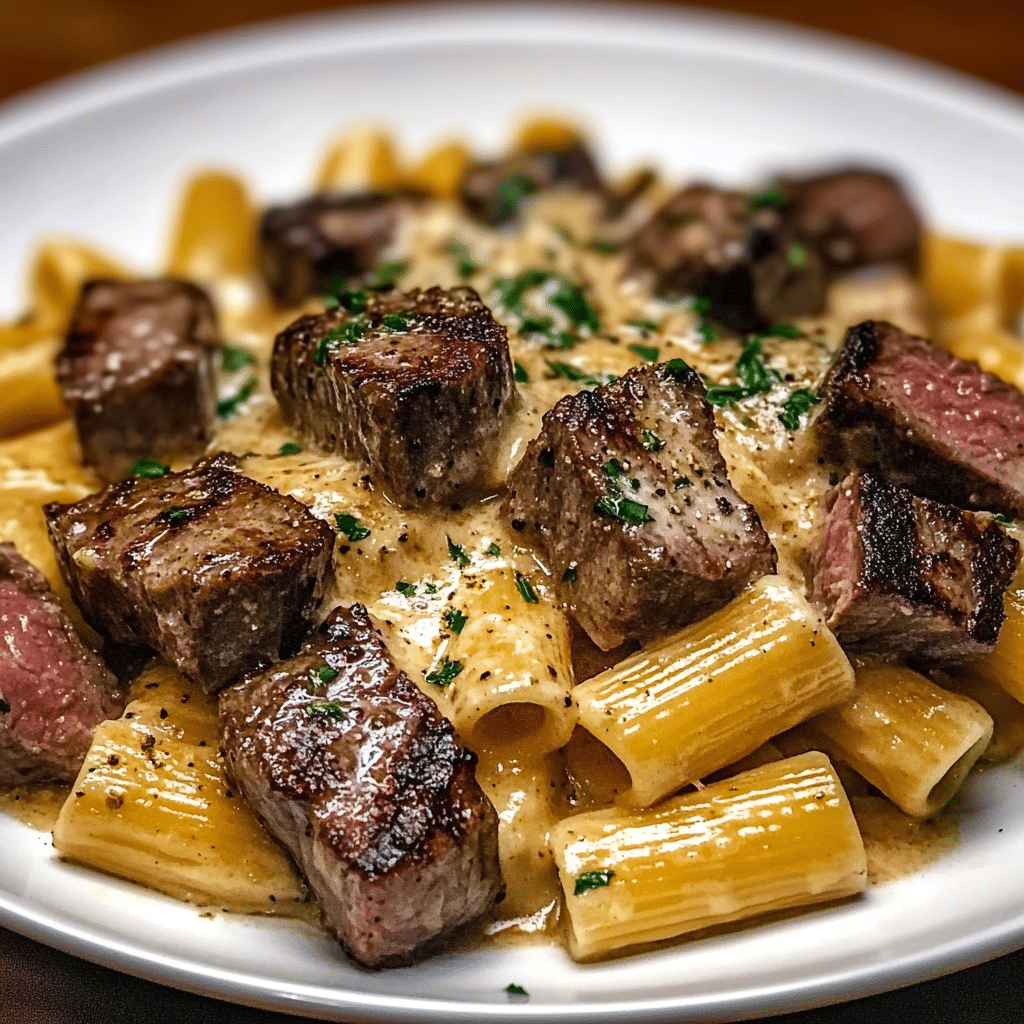 Garlic Butter Steak Tips with Cheesy Rigatoni