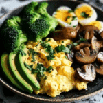Keto Breakfast Plate with Creamy Scrambled Eggs, Mushrooms & Avocado