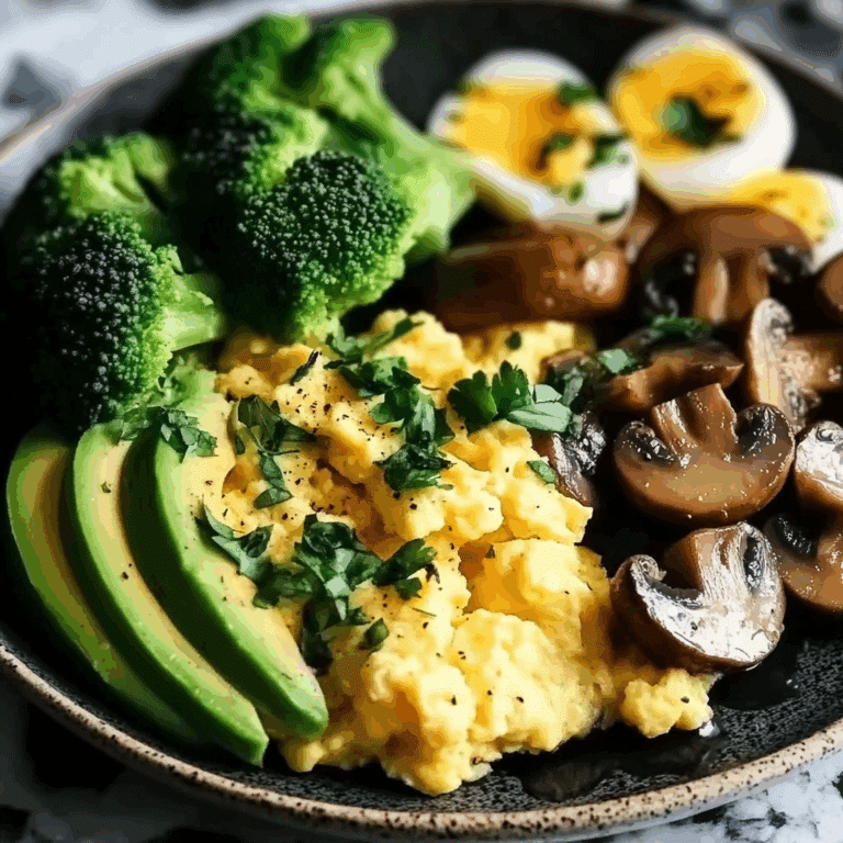 Keto Breakfast Plate with Creamy Scrambled Eggs, Mushrooms & Avocado