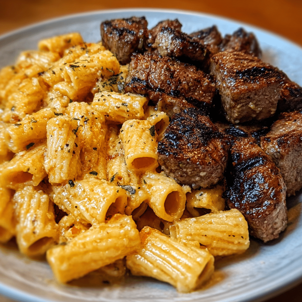 Cheesy Rigatoni with Garlic Butter Steak Tips