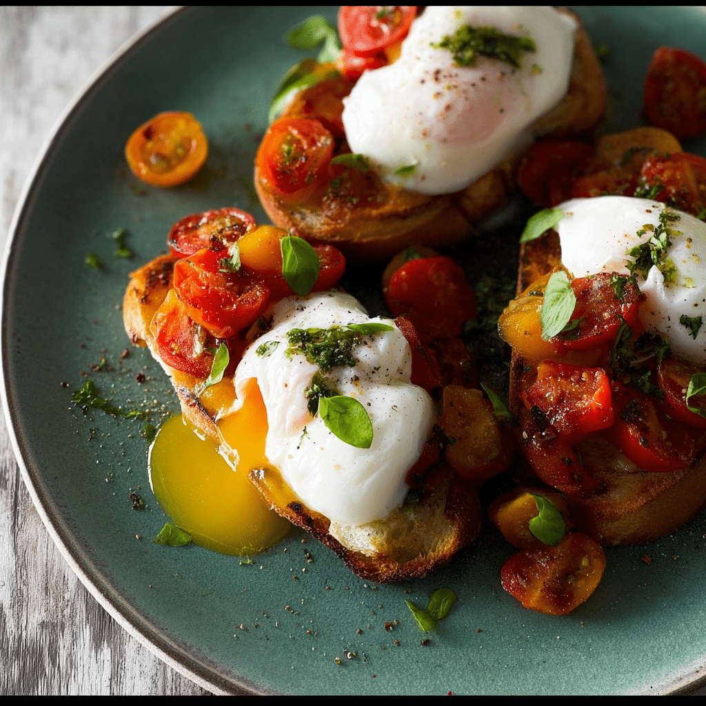 Tomato Crostini with Poached Eggs