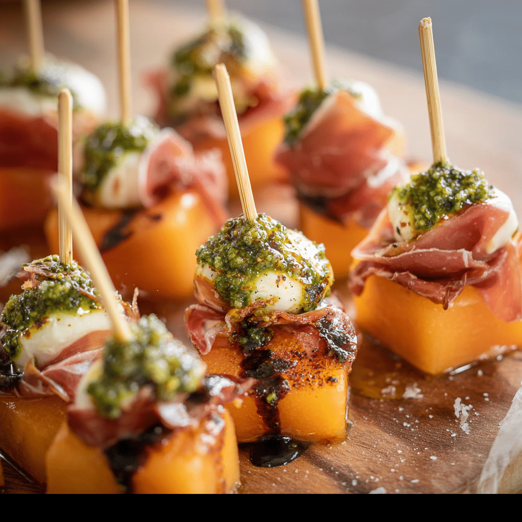 Cantaloupe Prosciutto Skewers with Pesto