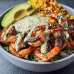 Grilled Shrimp Bowl with Avocado and Creamy Garlic Sauce