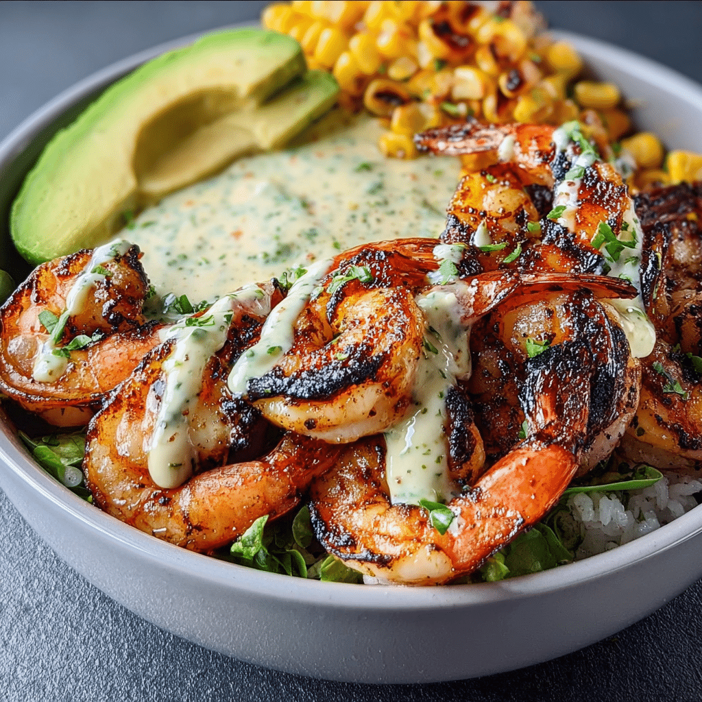Grilled Shrimp Bowl with Avocado and Creamy Garlic Sauce