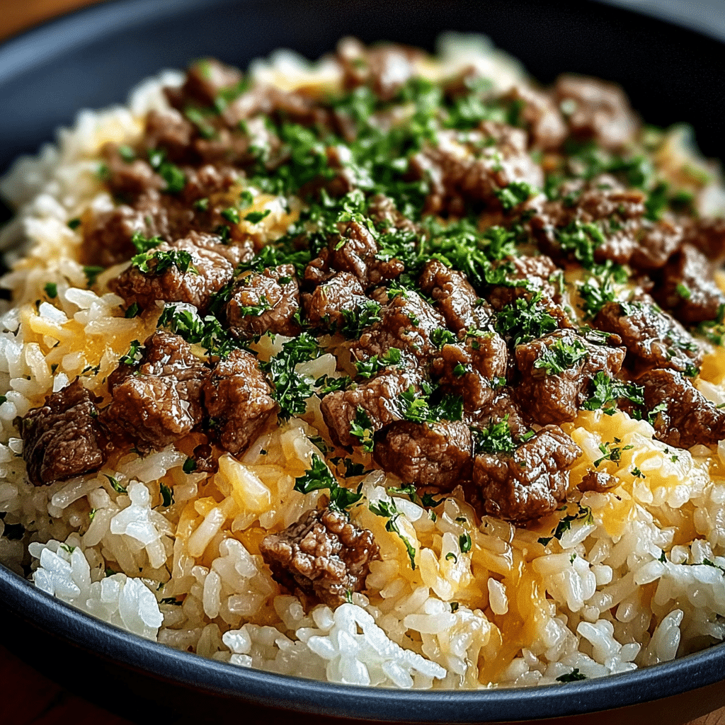 Creamy Garlic Butter Beef and Rice Skillet